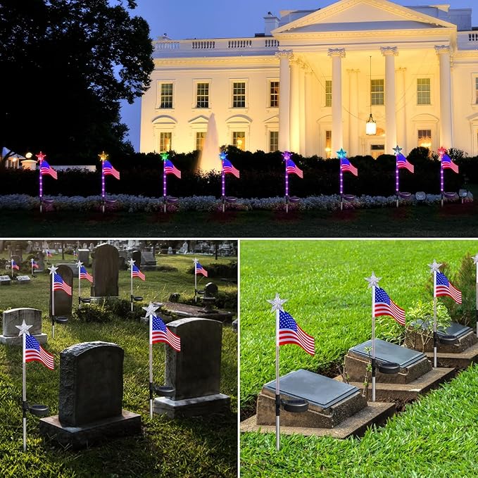 US Flag Solar Garden Lights, 4 Pack 24 LED 7 Color Changing American Flag Landscape Light, 4th of July Outdoor Decor Star Solar Stake Lights for Yard Patio Walkway Pathway (4)