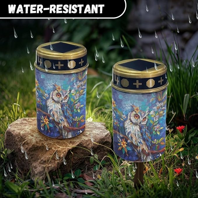 Blue Owl Outdoor Lights Solar Powered Waterproof Solar Memorial Lights for Graves Multipurpose Flameless Candle for Cemetery Garden Backyard Decorative Memorial Lights