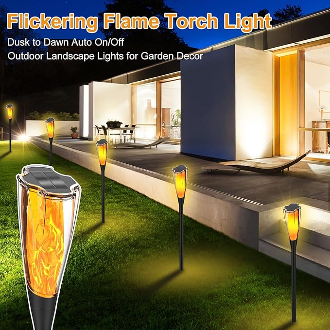 AVEKI Solar Torch Lights Outdoor, 2 Pack Flickering Flame Lights with Adjustable Height Extension Rod, Waterproof Outdoor Decorative Pathway Light for Garden Yard Lawn Patio (Black-2 Pack)