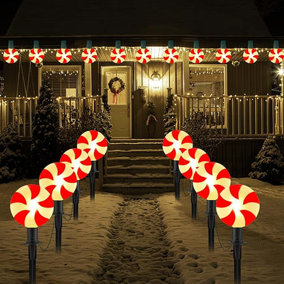 Christmas Lollipop Pathway Lights, 2 Sets 7Ft Christmas Pathway Lights Outdoor with 8 Candy Cane Markers Stake Lights, Candy Cane Landscape Path Lights for Outdoor Lawn, Garden, Yard, Sidewalk