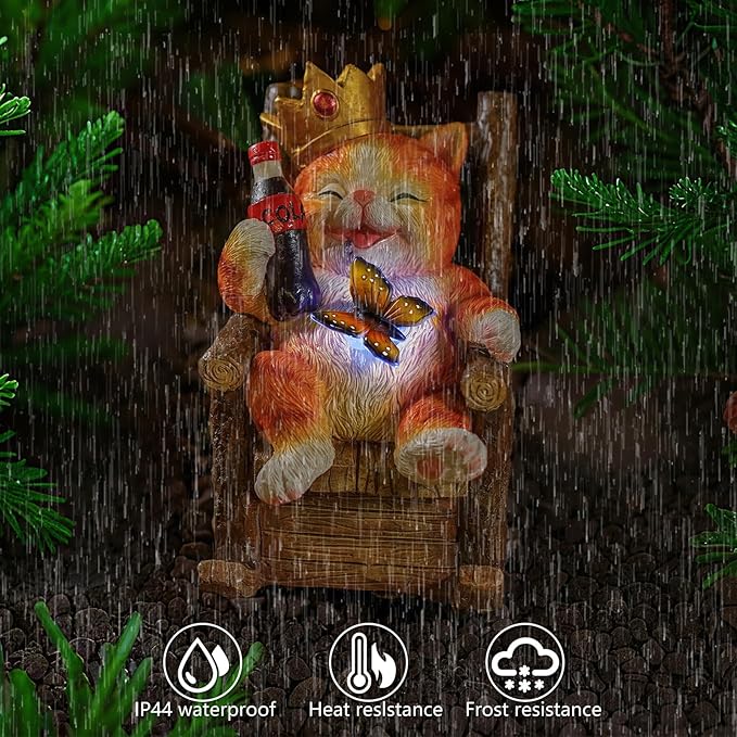 Solar Cat Garden Statue – Funny Orange Tabby Cat with Crown & Cola, LED Butterfly Light, Sitting on Rocking Chair – Outdoor Patio Decor for Yard, Porch, Lawn, or Gift