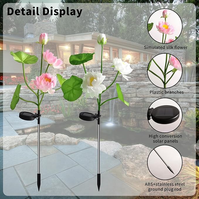 Solar Light 2 Pack Garden Decoration Warm Color LED light Outdoor Waterproof Sun Cloth Garden Decoration Holiday Gift (Lotus, 2 Pack)