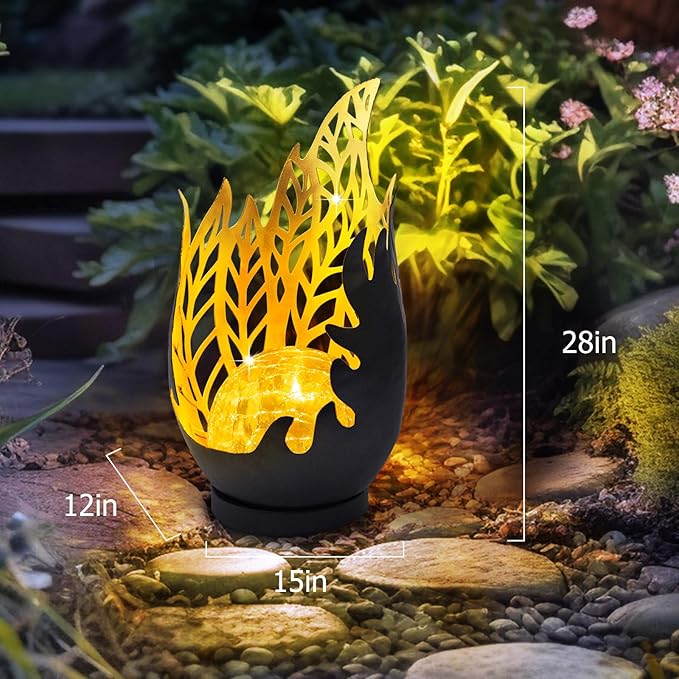 Huaxu Solar Lights Outdoor Decor Waterproof Metal Cracked Glass Globe with Gray Flame Effect, Table Decorations LED Lamp Gift for Garden Lovers Mom Women Patio Lawn Yard Pathway Outside