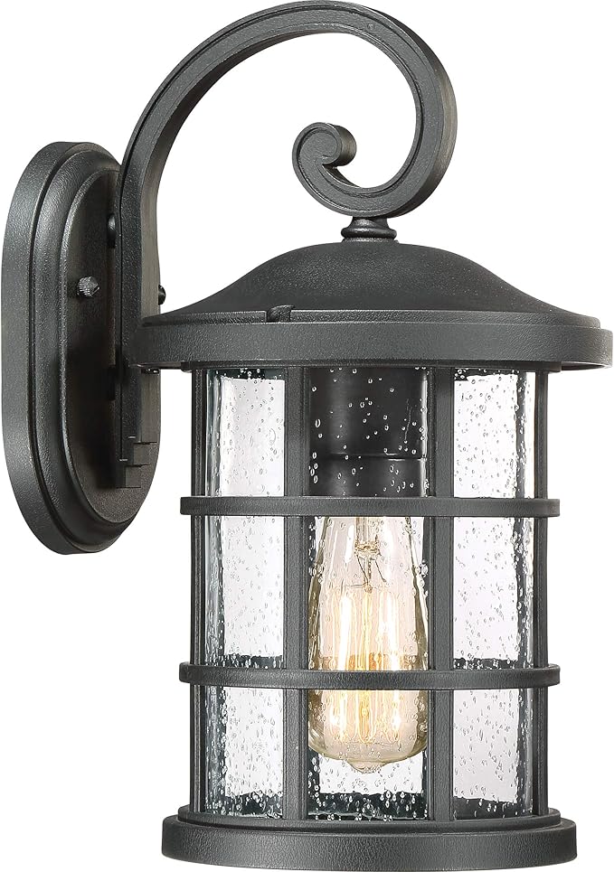 Quoizel Coastal Armour Crusade 1-Light Earth Black Outdoor Wall Lantern, Craftsman Style Wall Light with Seedy Glass, Marine-Grade Durability, Outside Light for Patio, Porch, Front Door, or Garage