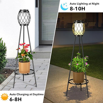 MXwcy Solar Lights Outdoor with Plant Stands 2 Pack, Solar Floor Lamp Metal Tripod Patio Lights for Garden Yard Pathway Driveway Front/Back Porch Decoration