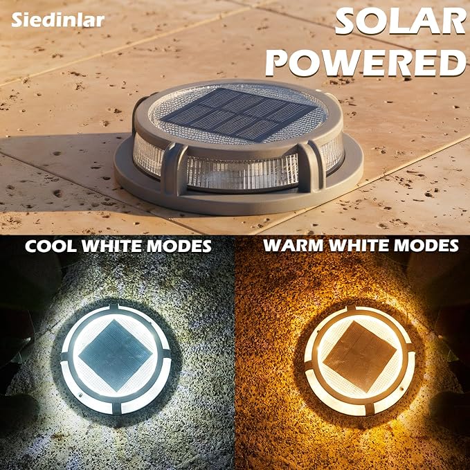 SIEDiNLAR Solar Deck Lights Outdoor 2 Modes 16 LEDs Dock Light Driveway Markers Solar Powered Waterproof for Ground Pathway Step Walkway Stair Road Garden Yard 16 Pack (Cool White/Warm White)