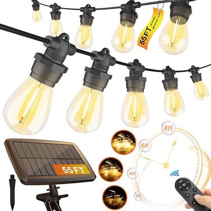 Stright 55FT Solar String Lights Outside Waterproof Remote Control with USB Charging Port Dimmable E12 S14 Bulbs, 55 Feet 15 Lamp Outdoor Solar Power LED Bulbs for Patio Garden Market Bistro Backyard
