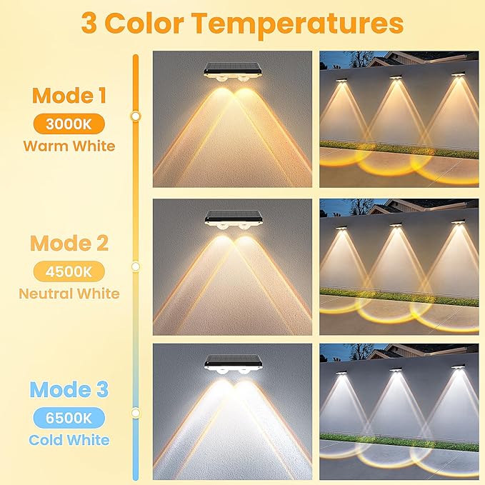 Solar Fence Lights Outdoor 8 Pack - 3 Modes (Warm/Neutral/Cool White), Fence Lights Solar Powered for Outside, IP65 Waterproof, Deck Lighting for Wall, Step, Patio, Pathway, Stairs