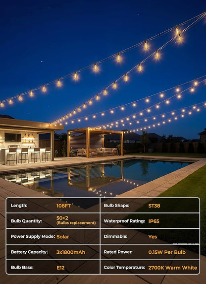 Brightown 108FT Solar String Lights Outdoor Waterproof, Patio Lights with Remote and 50+2 LED Shatterproof Bulbs, Dimmable & Timable, 3 Light Modes, Solar Lights Outdoor for Yard Camping Party Outside