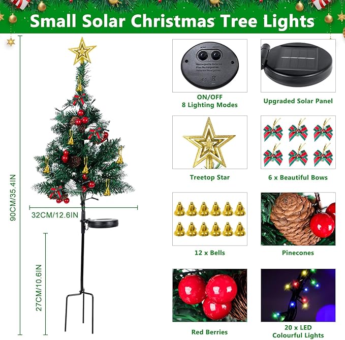 OurWarm 2Pcs Solar Christmas Tree Lights Outdoor Decorations, 20 LEDs Path Lights 8-Mode Flickering, Small Mini Solar Christmas Tree for Outside Yard Pathway Garden Grave Cemetery Xmas Decor
