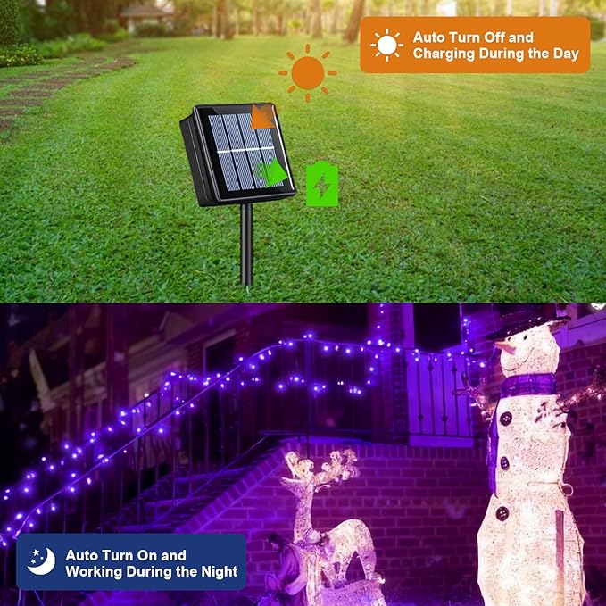 QITONG Purple Solar Christmas Lights, 2 Pack Each 66ft 200 LED Christmas String Lights Outdoor Waterproof, 8 Modes Green Wire Twinkle Lights for Outside