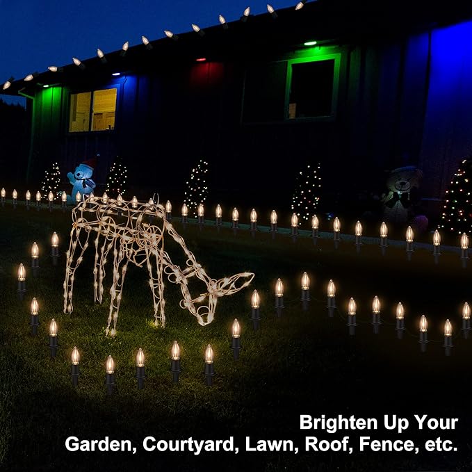 C9 Christmas Pathway Lights Outdoor LED - 24.2 Feet String Lights with 20 Bulbs, Waterproof Christmas Path Lights with Stake for Yard, Garden, Lawn, Walkway, Driveway, Sidewalk, Warm White