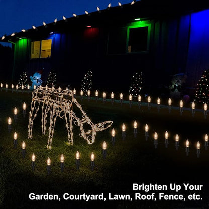 C9 Christmas Pathway Lights Outdoor LED - 24.2 Feet String Lights with 20 Bulbs, Waterproof Christmas Path Lights with Stake for Yard, Garden, Lawn, Walkway, Driveway, Sidewalk, Warm White