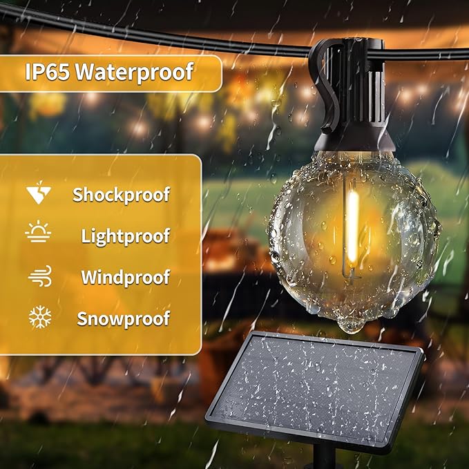 Solar String Lights Outdoor with Remote, 50ft 25 Bulbs Solar Powered Patio Lights Waterproof, Dimmable & Timer, G40 LED Solar Lights for Camping Deck Backyard Garden Fence