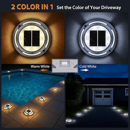 Solar Deck Lights,8 Pack Driveway Dock Light 2 Colors in 1 Solar Powered Lights Outdoor IP68 Waterproof Driveway Marker for Warning Step/Garden/Sidewalk/Pathway/Yard (Warm White & Cool White)