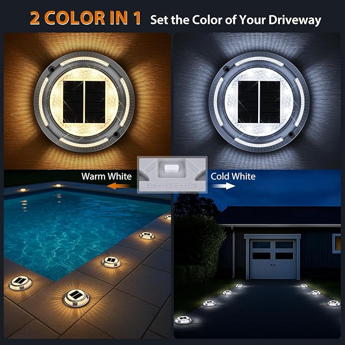 Solar Deck Lights,12 Pack Driveway Dock Light 2 Colors in 1 Solar Powered Lights Outdoor IP68 Waterproof Driveway Marker for Warning Step/Garden/Sidewalk/Pathway/Yard (Warm White & Cool White)