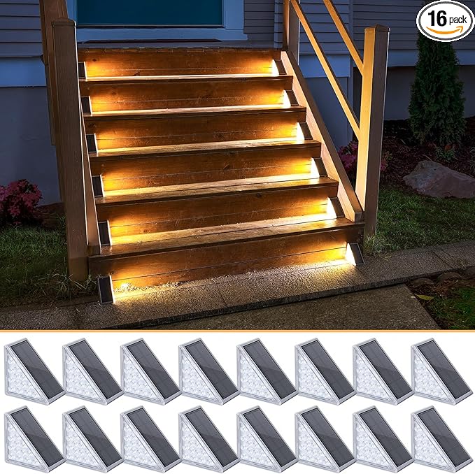 NIORSUN Solar Step Lights 16 Pack - Outdoor Stair Lights with 3000K Warm White & 6000K Cool Daylight, IP67 | Lumora
