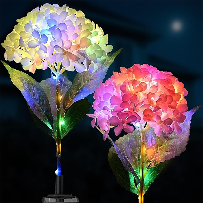 2 Pack Solar Garden Lights Outdoor, LED Colorful Waterproof Solar Powered Hydrangea Flowers Landscape Lights for Patio, Outside Yard, Pathway Decorative, Décor, Two Lightning Modes