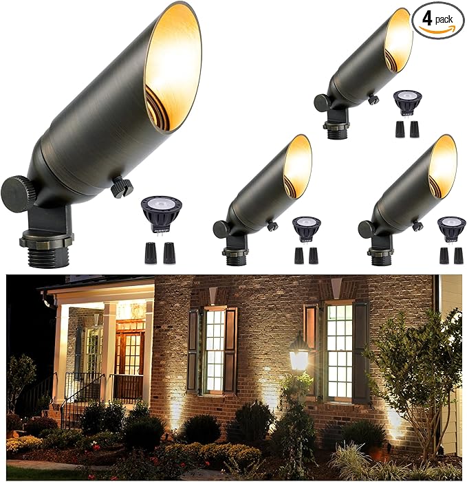 Gardenreet Brass Landscape Lighting - Outdoor Spotlights Low Voltage, MR11 Low Light 12V LED Wired Uplights, Waterproof Spot Lights, Bronze for Outside Shrub with 2.5W Warm White Bulb (4 Pack)