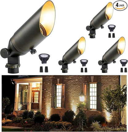 Gardenreet Brass Landscape Lighting - Outdoor Spotlights Low Voltage, MR11 Low Light 12V LED Wired Uplights, Waterproof Spot Lights, Bronze for Outside Shrub with 2.5W Warm White Bulb (4 Pack)