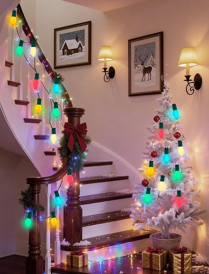 25Ft Multicolor Christmas Lights Outdoor, C9 7W Vintage Ceramic Valentine's Day String Lights with 26 Colorful Bulbs, Hanging Patio Lights for Porch Roofline Christmas Tree Garden Pathway Indoor Decor
