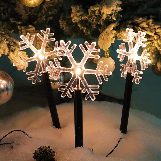 Solar Christmas Snowflake Led Pathway Lights Waterproof for Lawn Yard Walkway Garden Decor Christmas Home Decoration Warm White Landscape Light - 5 Pack