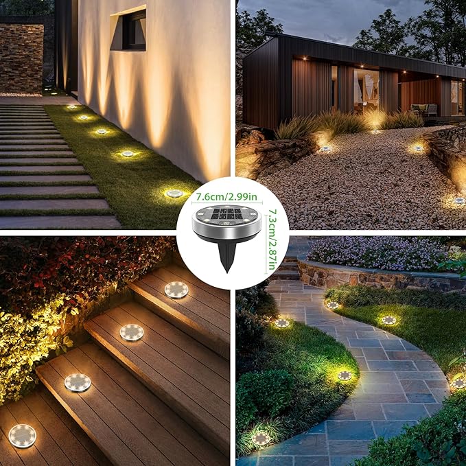 nipify 12 Pack Solar Ground Lights Outdoor, 8 LED Solar Disc Lights for Yard Garden Walkway Deck Patio Landscape | Lumora