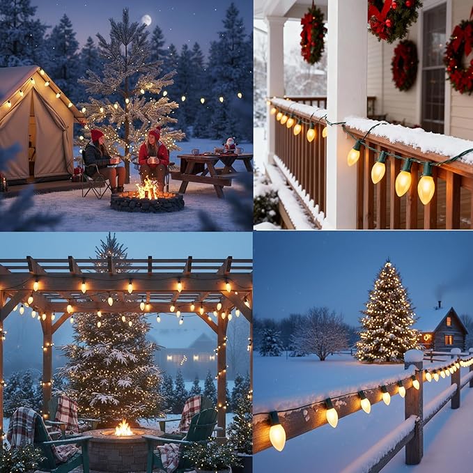 25 FT C9 Frosted Christmas Lights,Warm White Outdoor Light with 26 Bulbs(1 Spare), C9/ E17 Base,Old Fashioned Christmas Lights for Roofline, Yard, Garden, Wedding Decorations