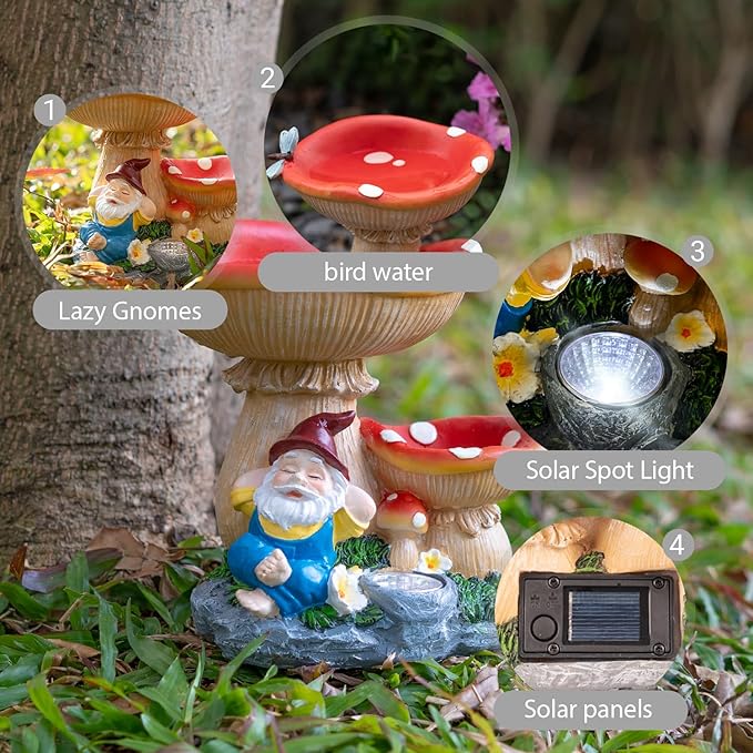 TIJNN Solar Gnome Statue with LED Lights, Bird Water Feeder Garden Decor for Patio, Lawn, or Home, Mushroom | Lumora