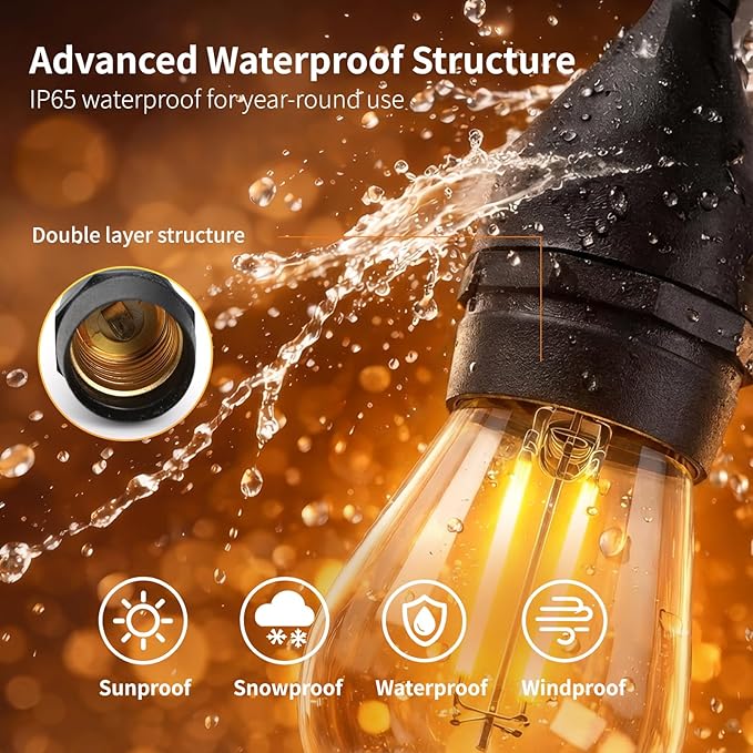 Waterproof Outdoor String Lights - 12Ft Commercial Grade Patio Lights Heavy Duty Light String Hanging Light Fixture with 11W S14 Bulbs for Deckyard Garden Porch Party Decor