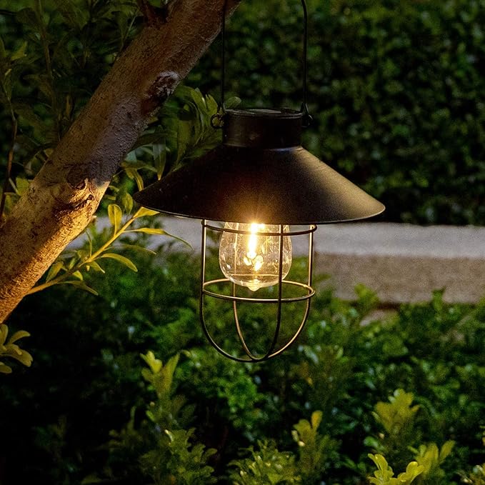 HUYIENO 2Pack Solar Metal Hanging Lantern with Shepherd Hook Outdoor Led Garden Lights Black | Lumora