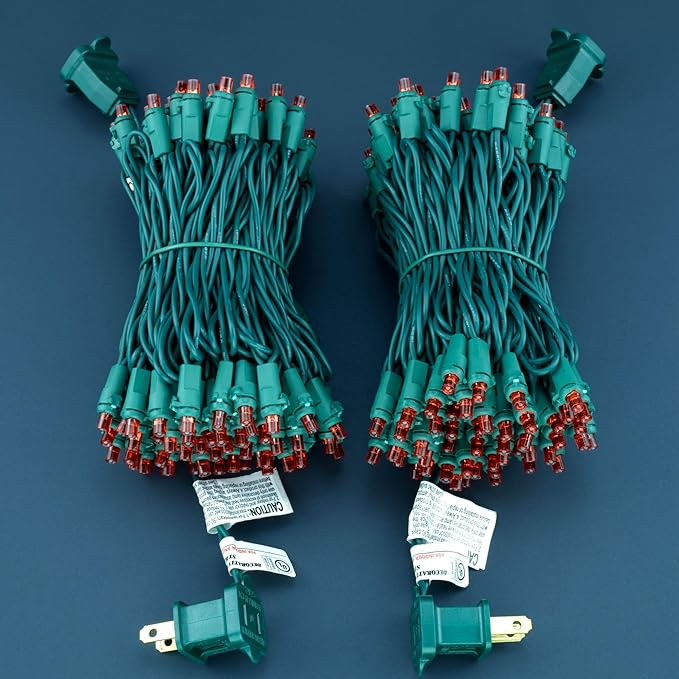 Red Wide Angle Christmas Lights, Pack of 2 Sets 25 Ft 100 LED Green Wire 5mm UL Certified Commercial Grade Holiday String Light
