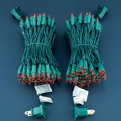 Red Wide Angle Christmas Lights, Pack of 2 Sets 25 Ft 100 LED Green Wire 5mm UL Certified Commercial Grade Holiday String Light
