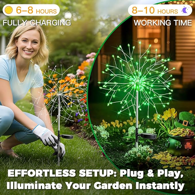 suddus St. Patrick's Day Decorations Solar Firework Lights - 150 LED Green Outdoor Garden Lights, 8 Modes DIY | Lumora
