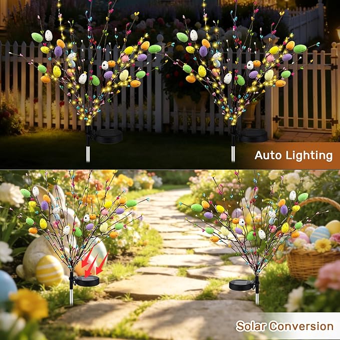 2 Pack Solar Easter Egg Lights Outdoor, 96 LED Waterproof Solar Easter Yard Decorations Outdoor Easters Yard Stakes Lights with 2 Lighting Modes for Outside Lawn Walkway Patio Cemetery Grave