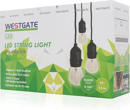 Westgate Lighting 24Ft Indoor/Outdoor Linkable LED String Lights, Commercial Grade with 12 Sockets & LED Bulbs – Bistro, Pergola, Deck, Patio, Market, Cafe, Gazebo, Party Decor