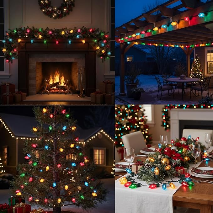 25 FT C9 Clear Multicolor Christmas String Light Outddor,Vintage Christmas Lights with 26 Edison Bulbs(1 Spare), C9/ E17 Base,Multicolor Lights for Xmas Tree Party Backyard Wedding Decor
