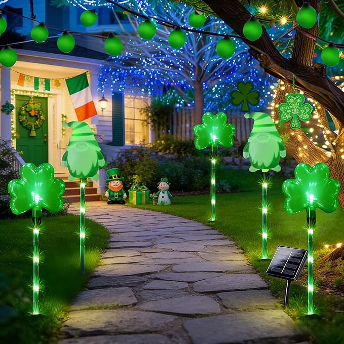 5 Pack St. Patrick's Day Solar Pathway Lights Outdoor - Green LED Shamrock Stake Lights, Waterproof Solar Powered Plug-in Gnome Lawn & Garden Decor for Yard, Walkway, Irish Party Decorations