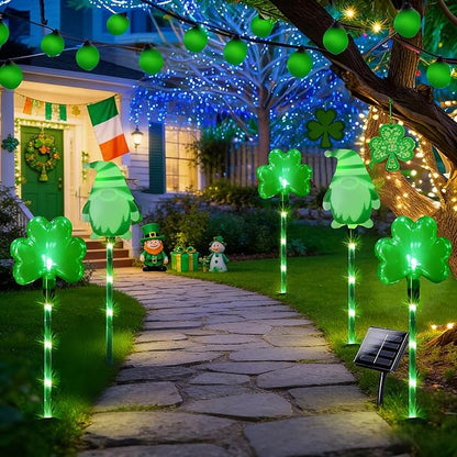 5 Pack St. Patrick's Day Solar Pathway Lights Outdoor - Green LED Shamrock Stake Lights, Waterproof Solar Powered Plug-in Gnome Lawn & Garden Decor for Yard, Walkway, Irish Party Decorations