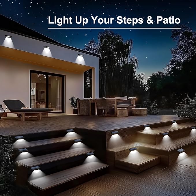 Solar Fence Lights Outdoor Waterproof IP65, 8 Pack Fence Lights Solar Powered 60 Lumens Auto On/Off Step Wall Lights Outside Decorations for Yard, Porch, Patio, Stairs, Pool, Deck, Garden-White Light
