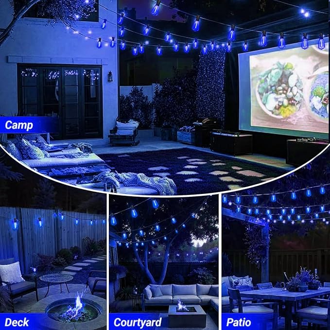 LAMPHOME 26Ft ST38 Outdoor String Lights, Blue Patio Lights with 12+1 ST38 Edison Bulbs, LED Shatterproof String | Lumora