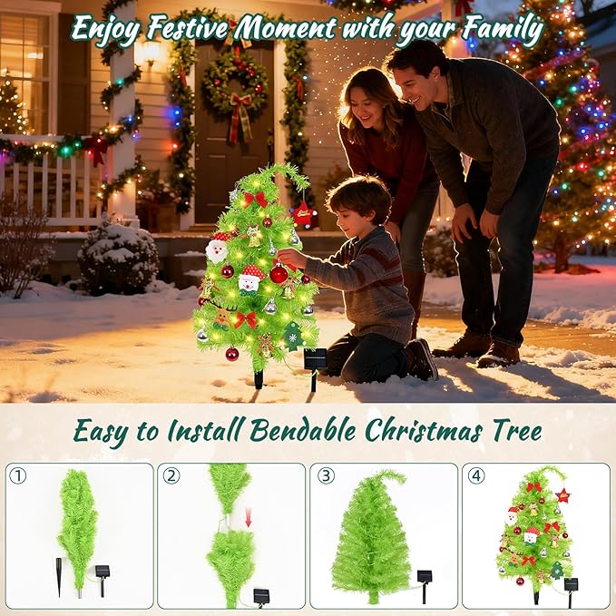 2 Pack Solar Christmas Tree, 31.5" Outdoor Whimsical Christmas Tree, Bendable Xmas Trees with LED Light & Ornaments, Waterproof Solar Christmas Lights for Yard, Pathway, Outdoor Christmas Decor