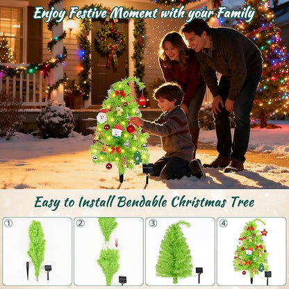 2 Pack Solar Christmas Tree, 31.5" Outdoor Whimsical Christmas Tree, Bendable Xmas Trees with LED Light & Ornaments, Waterproof Solar Christmas Lights for Yard, Pathway, Outdoor Christmas Decor