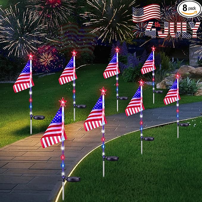 8 Pack American Flag Solar Lights Outdoor, 4th of July Decorations with 2 Modes, Waterproof Solar Flag Patriotic Lights for Yard, Garden, Pathway, Independence Day, Memorial Day (Red White and Blue)