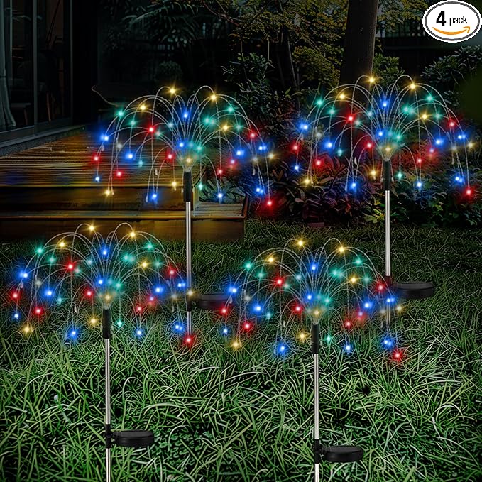 Lewondr Firework Solar Garden Lights, 120 LED Solar Firework Lights with 8 Lighting Modes, Waterproof Sparkler Starburst Solar Lights Outdoor for Yard Porch Patio Backyard Decor Present, 4 Pack