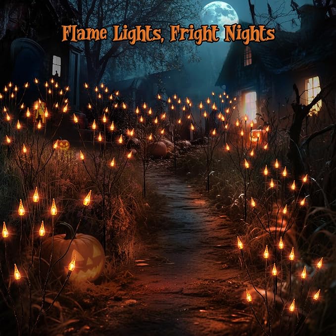 Brizled Halloween Pathway Lights, 7.54ft 3 Pack Candle Flame Orange Lights Outdoor with Timer, Battery Powered Halloween Light Waterproof Spooky Path Light for Path Yard Walkway Garden Thanksgiving