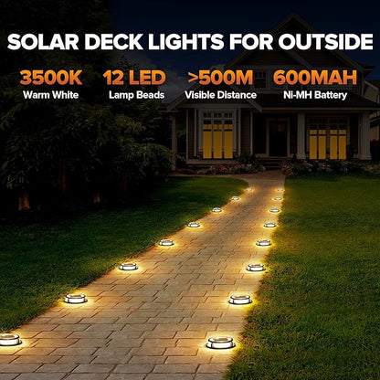 LUTEC 12 Pack Solar Driveway Lights, 12 LEDs IP67 Waterproof Outdoor Solar Dock Driveway Marker Lights for Step, Sidewalk, Pathway, Patio, Garden(Warm White)