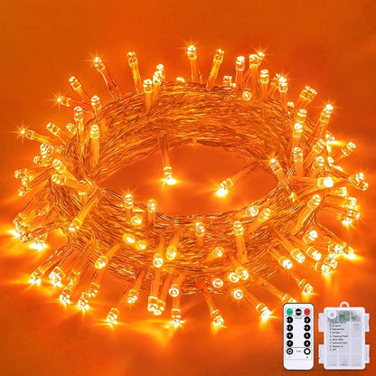 JMEXSUSS 33ft 100 LED Orange Christmas Lights, Battery Operated Christmas Lights, Orange String Lights with Remote Indoor Outdoor Waterproof for Fall Xmas Decorations
