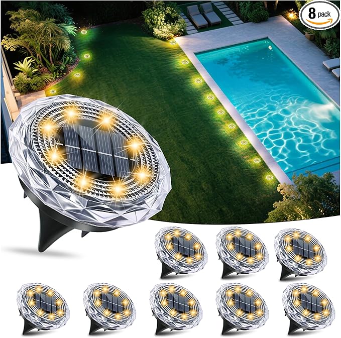 Solar Ground Lights,Solar Disc Light Outdoor Waterproof,Landscape Lighting Garden Lights for Pathway, Yard, Deck, Lawn, Patio, Swimming Pool, Walkway(Warm, 8Pack)