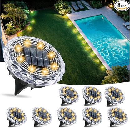 Solar Ground Lights,Solar Disc Light Outdoor Waterproof,Landscape Lighting Garden Lights for Pathway, Yard, Deck, Lawn, Patio, Swimming Pool, Walkway(Warm, 8Pack)